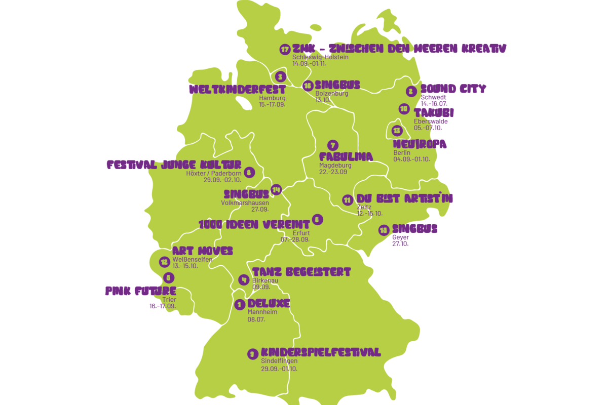Der obere Teil einer Deutschlandkarte mit stilisierten schwarzen Linien für die Grenzen zwischen den Bundesländern. Schwarze Punkte markieren Orte, an denen Festivals stattfinden.