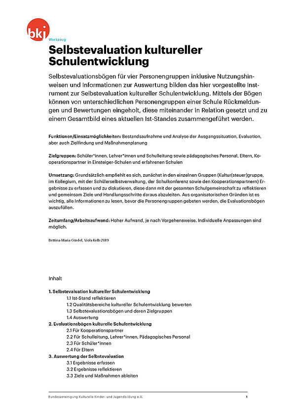 Titelbild Werkzeug Selbstevaluation kultureller Schulentwicklung der BKJ Titelbild Werkzeug Selbstevaluation kultureller Schulentwicklung der BKJ