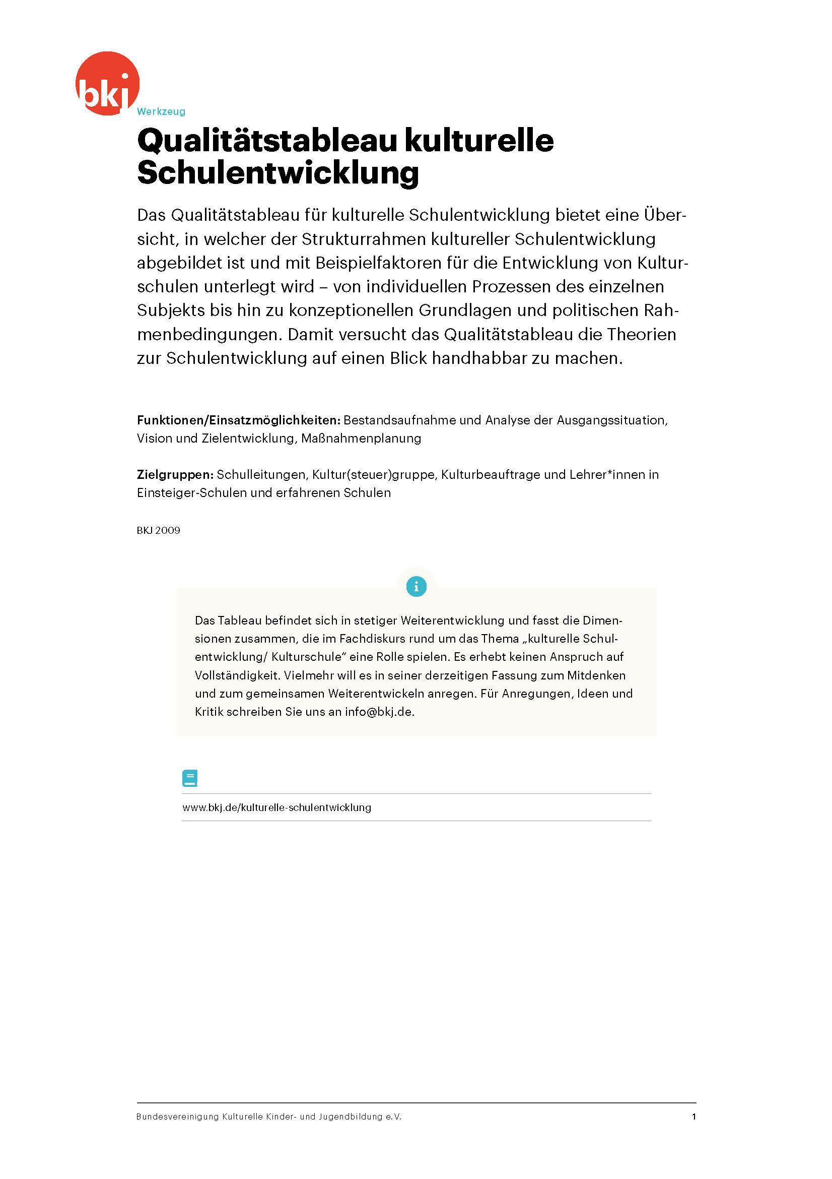 Titelbild Werkzeug Qualitätstableau kulturelle Schulentwicklung der BKJ Titelbild Werkzeug Qualitätstableau kulturelle Schulentwicklung der BKJ
