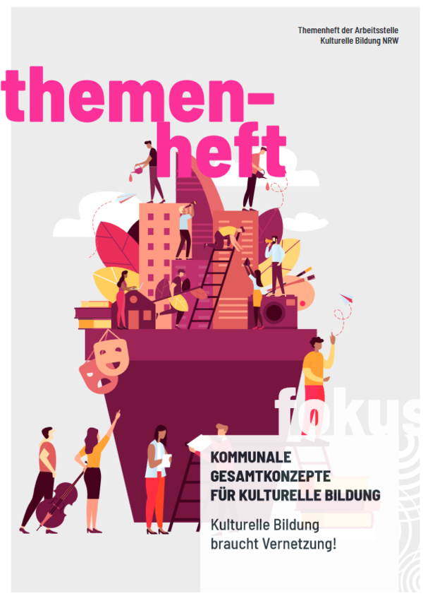 Cover des Themenhefts Kommunale Gesamtkonzepte für Kulturelle Bildung: Ein Blumentopf gefüllt mit Hochhäusern, Büchern, Pinseln und einer Kamera. Auf verschiedenen Ebenen (am Boden, auf dem Topf und auf den Häusern) stehen Menschen mit Instrumenten und anderen Utensilien.